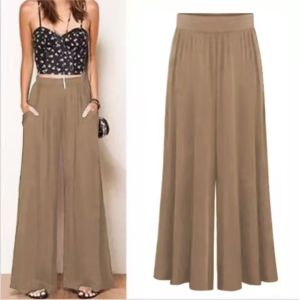 D#2626 Womens High Waist Chiffon Wide Leg Pants Casual Flowy Palazzo Trousers with Pockets