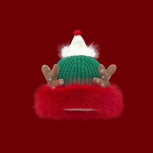 JPTD Windproof Christmas Plush Cap Antlers Soft Red Knitted Woolen Hat Personality Green Big Pullover Hat Winter