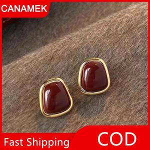 【CANAMEK】 Vintage Men rượu vang đỏ kim loại Stud Bông tai cho phụ nữ thời trang hình vuông Bông Tai Thanh Lịch Đồ trang sức cưới phụ kiện
