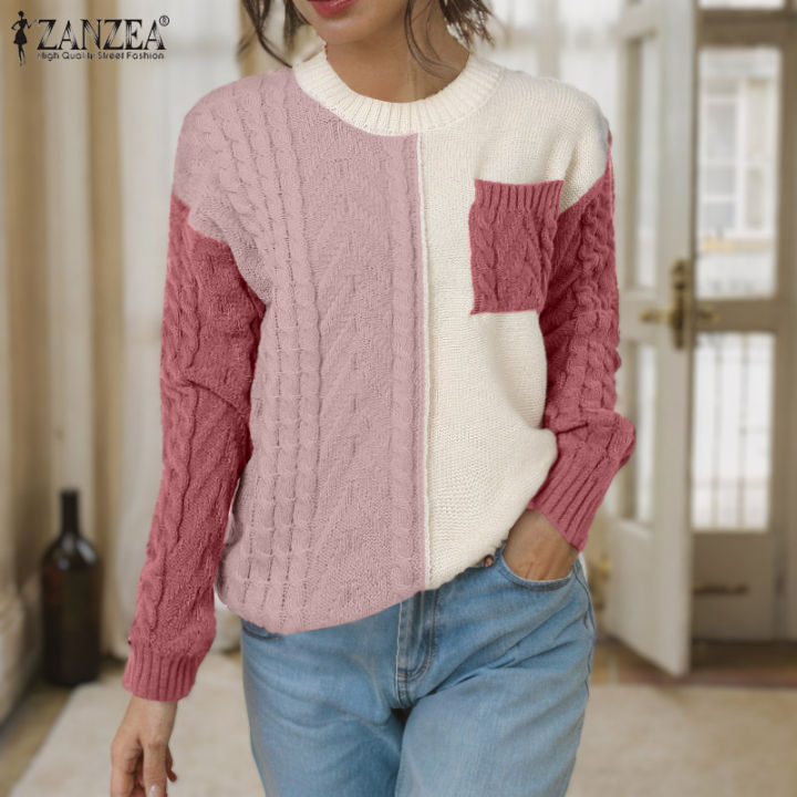 ZANZEA Women's Sweaters Casual Long Sleeve Round Neck Contrast Color Loose  Top Pullover #1104 Lazada PH