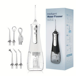 Water Flosser with USB Charging 300ml Portable Oral Irrigator with 360° Rotatable 5*Nozzle 4 Pressure Modes 2000mAh Rechargeable Lithium Battery for Home Travel