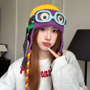 PYA94 Windproof Winter Pilot Hat With Crocheted Color-Blocked Lei Feng Hat Casual Ear Protection Earflap Cap Autumn Winter