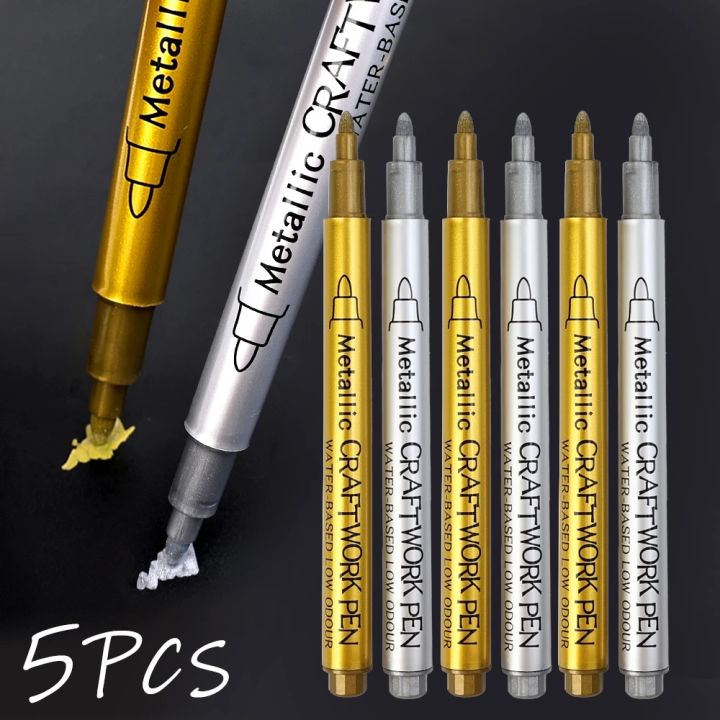 5PCS Brush Metallic Marker Pens Gold Silver Color Permanent Art