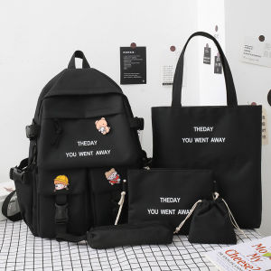 AE2025 New Nylon Fashion Five-Piece Set Middle School Student Backpack for Girls Lightweight Color-Block School Backpack