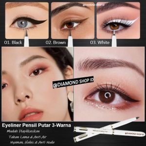 TERMURAH - Eyeliner Pensil Waterproof 3-Warna Putar ORI / Eyeliner Anti Air dan Tahan Lama Bentuk Eyeliner Pencil Tahan Air Bukan Eyeliner Kuas Pelengkap Mascara Waterproof / Pencil Eyeliner Pensil Black Stamp Eyeliner Young and Beauty Cokelat Hitam Putih