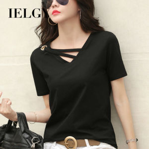 IELGY short sleeve womens T-shirt V-neck loose Korean style top casual
