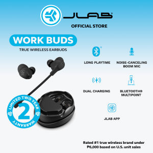 JLab Work Buds in-Ear True Wireless Headset with Detachable Noise-Canceling Boom Mic Long 55+ Total Hours Playtime Bluetooth Multipoint USB-C Charging Dock