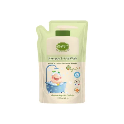 ENFANT (อองฟองต์) Organic Plus Shampoo & Body Wash แชมพูและอาบน้ำในขวดเดียว เนื้อเจล ใช้ได้ตั้งแต่เด็กแรกเกิด ชนิดถุงเติม 400 ml.