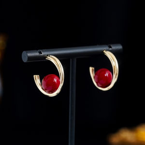 Fashionable Ring Gift 法式轻奢双层高级感酒红珍珠C形耳环女气质百搭复古2023新款耳 饰
