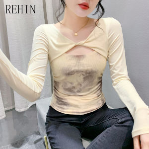 REHIN Round Neck Long Sleeve T-shirt Openwork Neckline Slim Fit Waist-Cinching Autumn New Arrival Elegant Womens Top