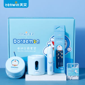Tenwin Doraemon Electric Stationery Set Sketch Electric Pencil Sharpener Electronic Erasers Mechanical Vacuum Cleaner Set For Kids School Gifts Supplies