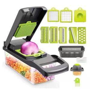 Multi-Function Peeler Food Chopper Vegetable Cutter 16-in-1 Green Vegetable Slicer Manual Shredder Drain Basket