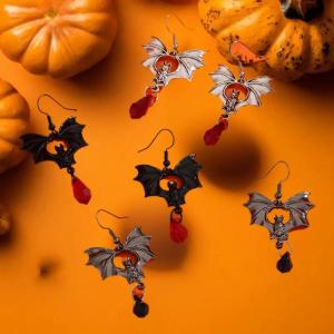 shiqinbaihuo Gothic Ma Cà Rồng BAT Bông tai cho phụ nữ cổ điển màu đỏ pha lê nước thả Mặt dây chuyền bông tai Halloween ngoại giáo Phù Thủy Tai đồ trang sức quà tặng