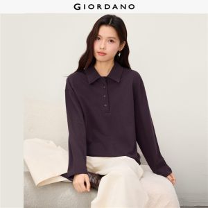 GIORDANO Women Polo Shirts 100% Cotton Half Placket Polo Shirts Long Sleeve Fashionable Relaxed Polo Shirts 13316612