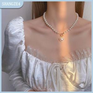【SHANGZE4】 Hàn Quốc trang sức thanh lịch Vòng cổ ngọc trai nữ rhinestone vỏ trái tim Mặt dây chuyền