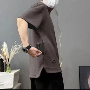 Mens Short Sleeved Pocket Five Quarter Sleeved Top Cool and Breathable Round Neck Summer Loose Oversized T-shirt