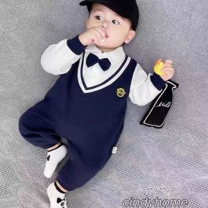 New Baby Long Sleeve Stylish Infant Gentleman College Style Fake Two-Piece Bow Tie Spring Autumn Baby Jumpsuit