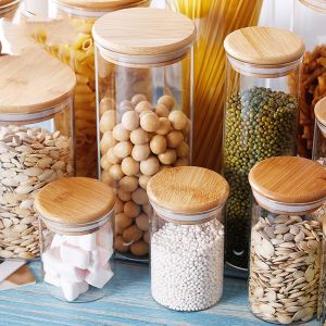 TOPLES ESTETIK BAHAN KACA TRANSPARANT TUTUP KAYU / TEMPAT MAKANAN KERING KUE KEDAP UDARA / KOTAK SNACK SEREAL