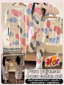 💖Womens Pure Cotton Pajamas 4-Piece Set Summer Womens Pullover Short-Sleeved Cropped Pants Home Clothes Womens Nightgown Set纯棉睡衣四件套