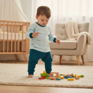 [Ne-Kids] Baby Boy Pyjamas Set - Marine Eco: 90% Bamboo 10% Cotton -Light blue top with patterns dark blue pants suitable for sleepwear in a cozy room with toys.