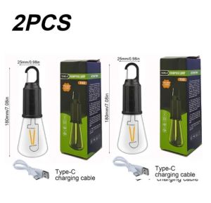 Portable Camping Light Bulb Type-C Rechargeable LED Lamp 3 Light Modes Emergency Light Outdoor Hanging Camping Lamp with Hook Camping Essentials Lanterns Waterproof Vintage Ambience Light Bulbs