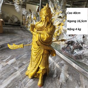 Tượng Quan Công Quan Vân Trường Quan Vũ cầm thanh long đao chất liệu bằng đồng vàng SA2080