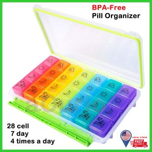(READY STOCK)aCurio BPA-Free Pill Box Organizer Moisture-Proof Portable Travel 7 Day 28 Cell 4 Times a Day Large Medicine Planner Box Daily Pill Case Container for Vitamin Fish Oil Supplement Prescription Medication Rainbow Colour