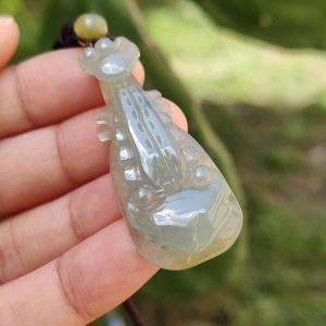 Semi Icy Rare Yellow and Green Natural Type A Jadeite Jade crafted as Ruyi musical instrument pipa as Pendant with certificate weigh 9.08 grams measurement 45.3 * 18.7 * 6.6 mm (pendant226)