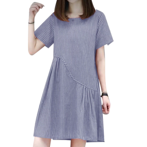 Qiqi Summer Thin Striped Pleated Dress O-Neck Short Sleeve Casual Loose A-Line Dress For Women 2312
