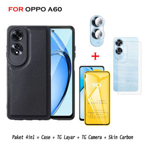 Paket 4IN1 Case Leather Pro For Oppo A60 Casing TPU Lembut Tekstur Kulit Free Tempered Glass Layar & Tempered Glass Camera & Garskin Carbon - Formasi - Acc