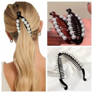 SOFA กิ๊บติดผม คลิปกล้วยไข่มุก ที่มัดผมหางม้า สไตล์เกาหลีแบบ คลิปแนวตั้งพลาสติก สง่างามเรียบหรู ผ้าโพกศีรษะ คลิปผม rhinestone สำหรับผู้หญิง