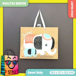 Isi 1 Paper Bag / Tas Kertas Motif Lucu Imut Gambar Gajah Glitter Kualitas Ekspor untuk Syukuran Kelahiran Bayi Souvenir Kado