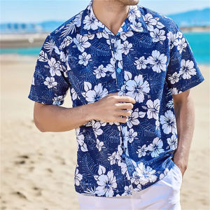 2026 loose breathable 3D printing mens shirt Hawaiian shirt button summer shirt beach blue/white short sleeve oversized 5XL