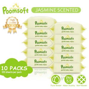 Poomsoft 10 Packs x 100 Sheet Jasmine Scented No-Alcohol Gentle Baby Wipes Wet Tissue Disposable