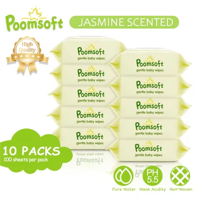 Poomsoft 10 Packs x 100 Sheet Jasmine Scented No-Alcohol Gentle Baby Wipes Wet Tissue Disposable