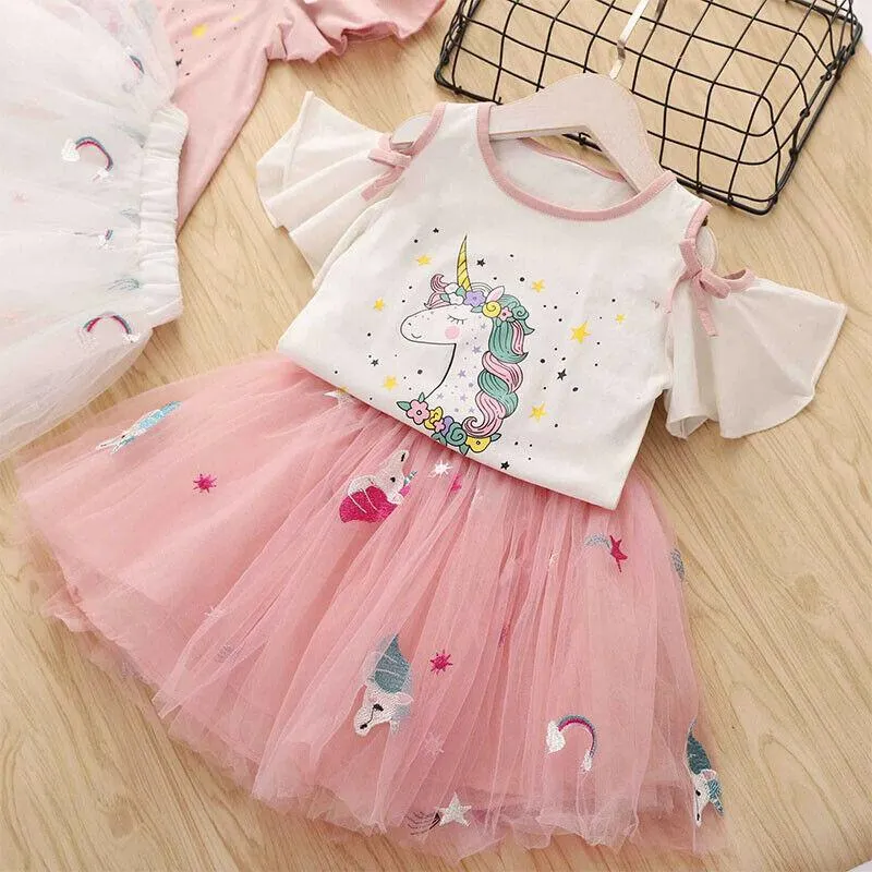 Kids Girl Party Dress Unicorn Outfits T-Shirt Top Tutu Skirt