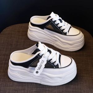 Lazy bag head half slippers for women to wear in the summer of 2024 new mesh shoes inner height-increasing thick-soled muffin white shoes