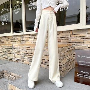 IELGY High waist drape long solid color womens pants loose casual corduroy straight mopping pants