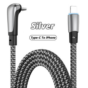 VAORLO Car Elbow Charger Cable 2 IN 1 Type-C to Type-C/Lightning PD60W Fast Charge 90° Metal Luminous Interface Nylon Braided Line 480Mbps Data Transmission Wire Compatible With iPhone IOS Android For All Smartphones