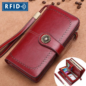 Cow Leather Women Wallet Zipper Purse Wristlets Coin Purse For 6 inch Phone