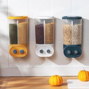 Wall Mounted Food Storage Box Plastic Clear Container Set with Pour Lids Kitchen Storage Bottles Jars Dried Grains Tank