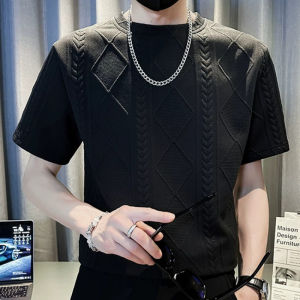 2026 áo phông tay ngắn Jacquard kim cương nam mới - Cổ tròn Slim Fit Heavyweight Tee Hàn Quốc Hip Hop Casual Top Premium Streetwear Mùa hè