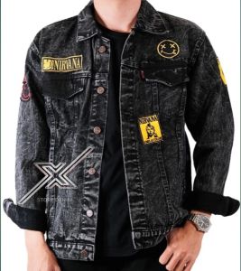 Jaket jeans Denim pria dan wanita - sandwash hitam bordir emblem star wars