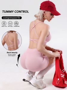 AEdfyne Womens sports yoga set with cross-strap bra tummy control and butt-lifting shorts summer fitness workout set