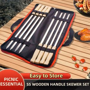 6/8pcs Kabab Koobideh Skewers 17 Inch Stainless Steel Grilling BBQ Skewer Reusable Barbecue Skewers Flat Stick with Wood Handle