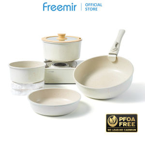 Wajan Set freemir 6 PCS – Modern Gagang Bisa Dilepas Multifungsi Anti Lengket/Gagang Lepas Pasang Semua Panci/Hemat Penyimpanan/Praktis/ Masak Jumbo/Soft White