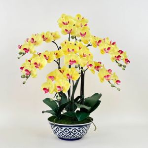 กระถางกล้วยไม้ประดิษฐ์ขนาดใหญ่ กล้วยไม้ฟาแลนสีเหลืองจัดในกระถางลายคราม ดอกไม้ปลอมสวยๆตกแต่งบ้าน