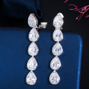 SEQUITO High Quality Silver Plated Paved Sparkly White AAA Cubic Zircon Long Water Drop No Pierce Clip on Earrings Delicate Women Non Hole Ear Jewelry for Wedding Party SE661