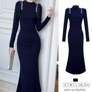 ZYHT เดรสผู้หญิง เดรสสีฟ้า เดรสหางปลา เดรสแขนพอง เดรสทำงาน เดรสไฮโซ เดรสวินเทจ เดรสออกงาน เดรสปาร์ตี้ ชุดราตรี 15345