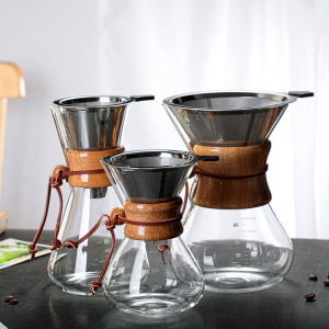 400/600/800ML Resistant Glass Coffee Kettle Stainless Steel Filter Dripper Anti-Scald Wooden Handle Brewer Pot Barista Tools